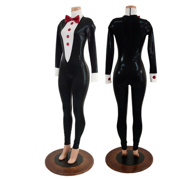 Small Ready to Ship Womens Faux Tuxedo Catsuit with Red Buttons and Bow Tie - Coquetry Clothing
