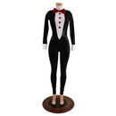 Small Ready to Ship Womens Faux Tuxedo Catsuit with Red Buttons and Bow Tie - Coquetry Clothing