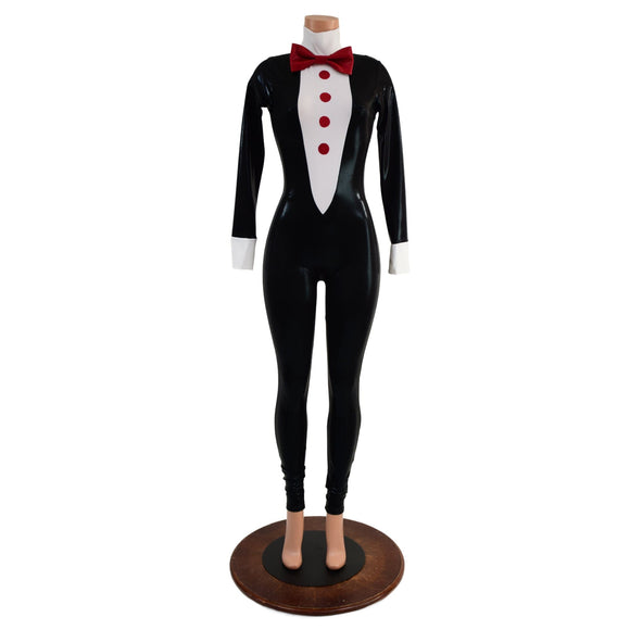 Small Ready to Ship Womens Faux Tuxedo Catsuit with Red Buttons and Bow Tie - Coquetry Clothing