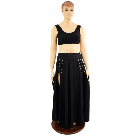 Smooth Black Spandex Double Slit Laceup Melissa Skirt (top sold separately) - Coquetry Clothing