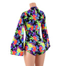 Sonic Bloom Bell Sleeve Romper with Plunging Laceup V Neckline - Coquetry Clothing