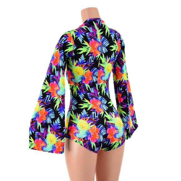 Sonic Bloom Bell Sleeve Romper with Plunging Laceup V Neckline - Coquetry Clothing