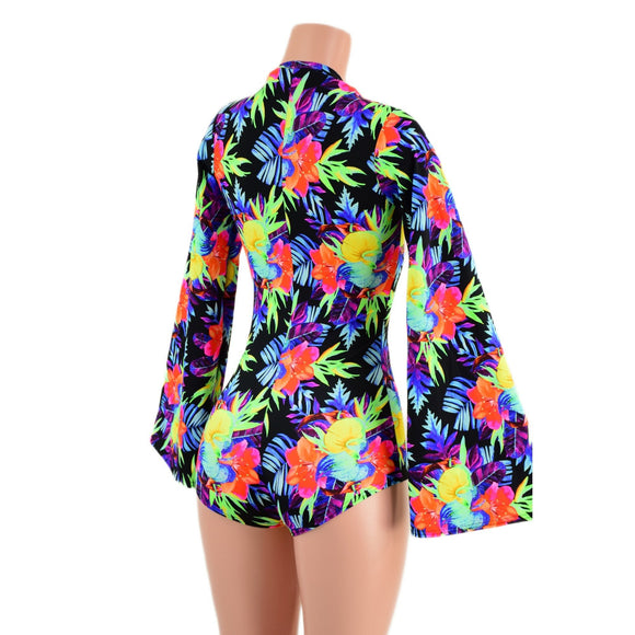 Sonic Bloom Bell Sleeve Romper with Plunging Laceup V Neckline - Coquetry Clothing