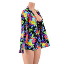 Sonic Bloom Bell Sleeve Romper with Plunging Laceup V Neckline - Coquetry Clothing
