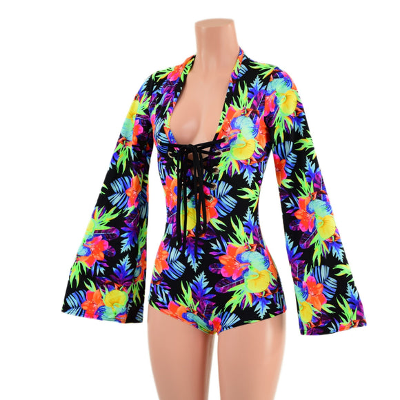 Sonic Bloom Bell Sleeve Romper with Plunging Laceup V Neckline - Coquetry Clothing