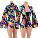 Sonic Bloom Bell Sleeve Romper with Plunging Laceup V Neckline - Coquetry Clothing