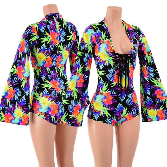 Sonic Bloom Bell Sleeve Romper with Plunging Laceup V Neckline - Coquetry Clothing