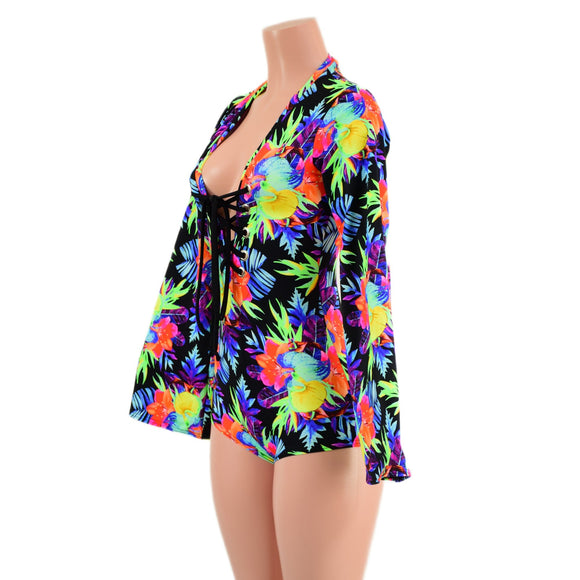 Sonic Bloom Bell Sleeve Romper with Plunging Laceup V Neckline - Coquetry Clothing