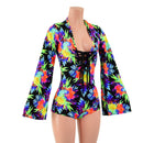 Sonic Bloom Bell Sleeve Romper with Plunging Laceup V Neckline - Coquetry Clothing