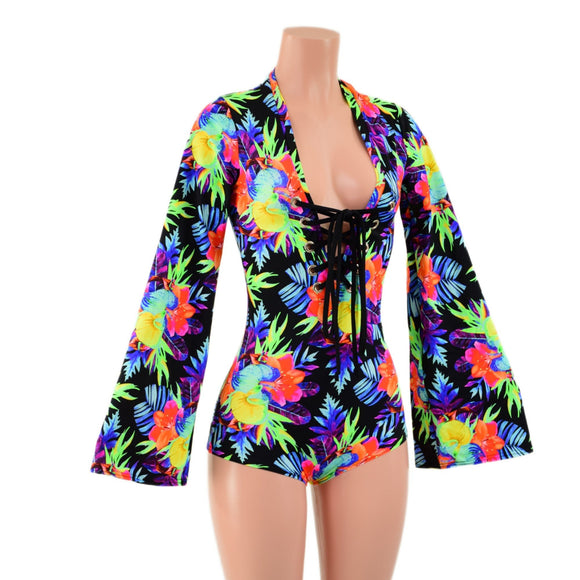 Sonic Bloom Bell Sleeve Romper with Plunging Laceup V Neckline - Coquetry Clothing