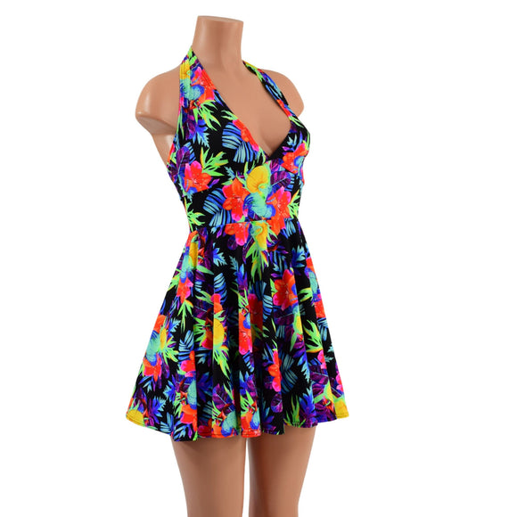 Sonic Bloom UV Glow Halter Skater Dress - Coquetry Clothing