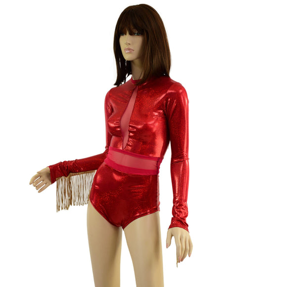 Sparkling Red Romper with Inset Mesh Keyhole and Waistband, and Gold Fringed Sleeves - Coquetry Clothing