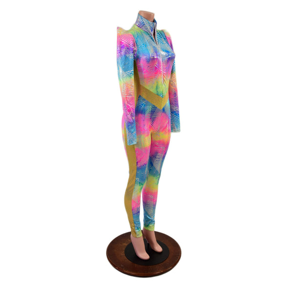 Spectrum and Gold Catsuit with V Front and Side Panels - Coquetry Clothing