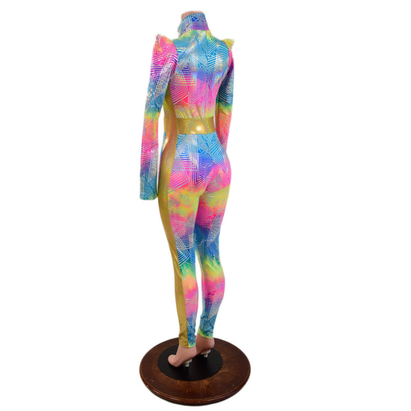 Spectrum and Gold Catsuit with V Front and Side Panels - Coquetry Clothing
