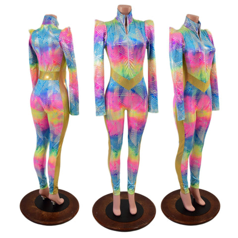 Spectrum and Gold Catsuit with V Front and Side Panels - Coquetry Clothing