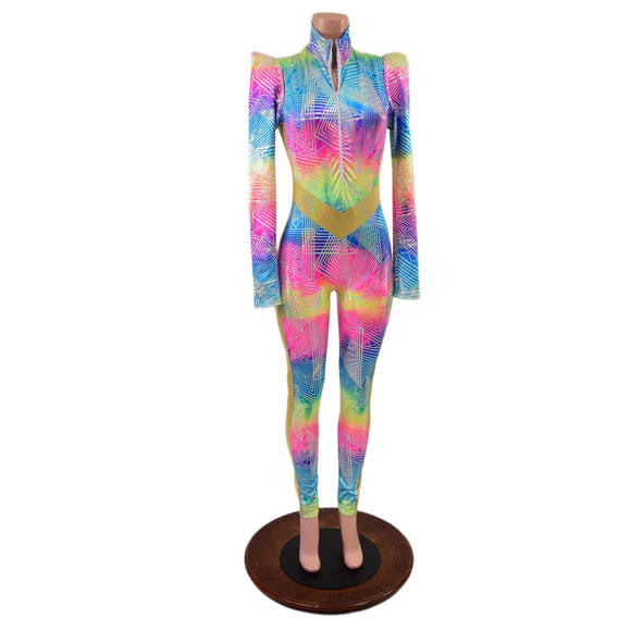 Spectrum and Gold Catsuit with V Front and Side Panels - Coquetry Clothing