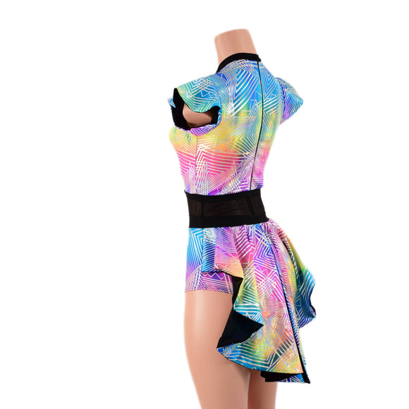 Spectrum Holo Romper with Inset Mesh Keyhole Neckline and Mini Tux Back Tails - Coquetry Clothing