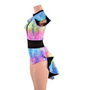 Spectrum Holo Romper with Inset Mesh Keyhole Neckline and Mini Tux Back Tails - Coquetry Clothing