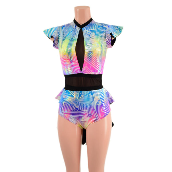 Spectrum Holo Romper with Inset Mesh Keyhole Neckline and Mini Tux Back Tails - 5