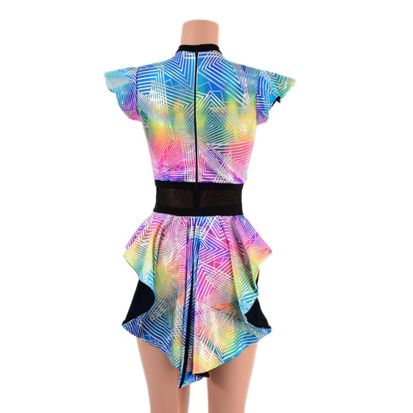 Spectrum Holo Romper with Inset Mesh Keyhole Neckline and Mini Tux Back Tails - Coquetry Clothing