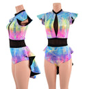 Spectrum Holo Romper with Inset Mesh Keyhole Neckline and Mini Tux Back Tails - Coquetry Clothing