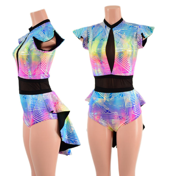 Spectrum Holo Romper with Inset Mesh Keyhole Neckline and Mini Tux Back Tails - Coquetry Clothing