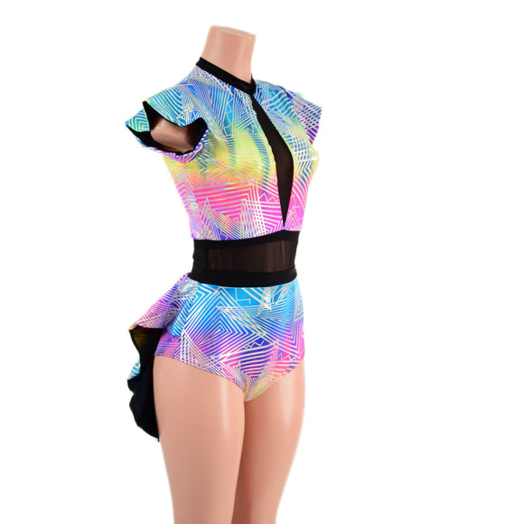 Spectrum Holo Romper with Inset Mesh Keyhole Neckline and Mini Tux Back Tails - Coquetry Clothing