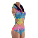 Spectrum Holographic Hooded O - Ring Romper with Siren Cut Leg - Coquetry Clothing