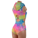 Spectrum Holographic Hooded O - Ring Romper with Siren Cut Leg - Coquetry Clothing