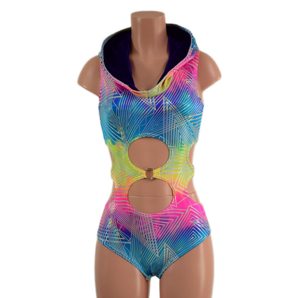 Spectrum Holographic Hooded O - Ring Romper with Siren Cut Leg - Coquetry Clothing