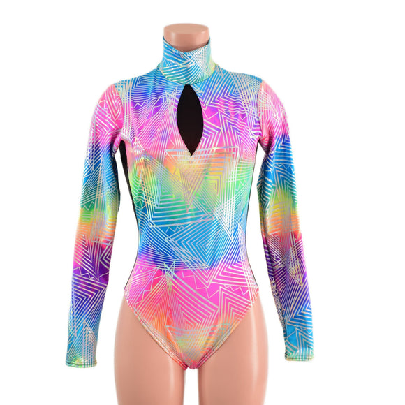 Spectrum Romper with Brazilian Cut Leg, Mesh Side Panels and Inset Keyhole - Coquetry Clothing