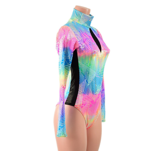 Spectrum Romper with Brazilian Cut Leg, Mesh Side Panels and Inset Keyhole - Coquetry Clothing