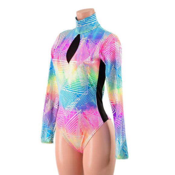 Spectrum Romper with Brazilian Cut Leg, Mesh Side Panels and Inset Keyhole - Coquetry Clothing