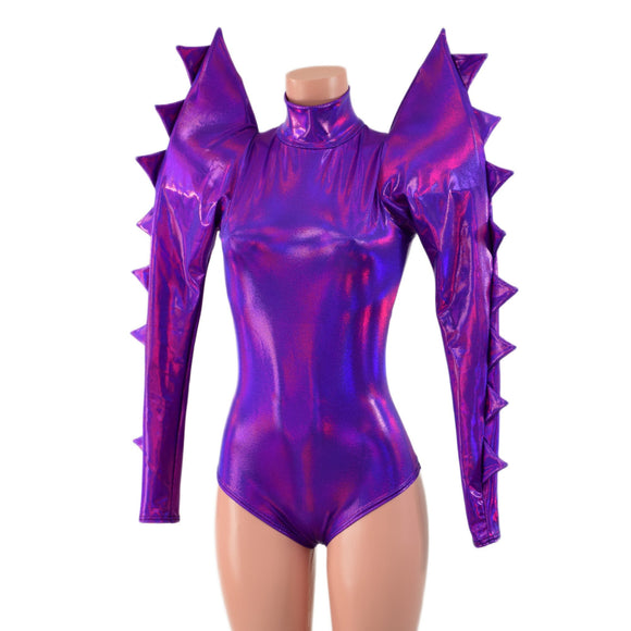 Spiked Mega Sharp Shoulder Romper in Grape Holographic - Coquetry Clothing