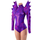 Spiked Mega Sharp Shoulder Romper in Grape Holographic - Coquetry Clothing