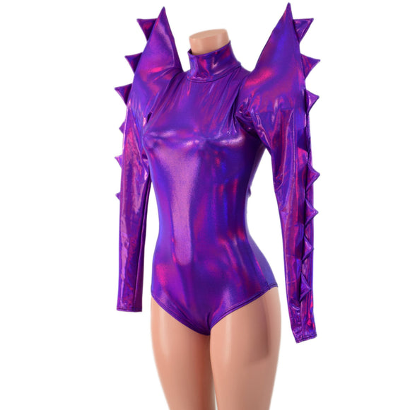 Spiked Mega Sharp Shoulder Romper in Grape Holographic - Coquetry Clothing