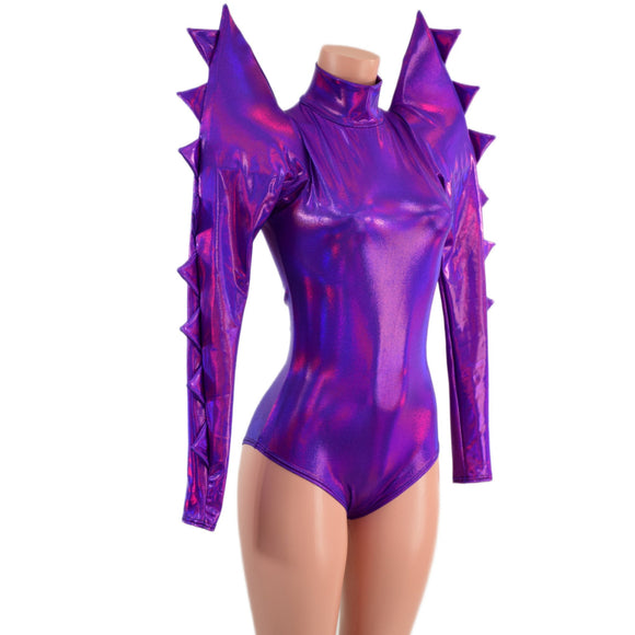 Spiked Mega Sharp Shoulder Romper in Grape Holographic - Coquetry Clothing