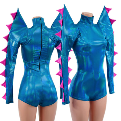 Spiked Mega Sharp Shoulder Romper in Peacock Holographic - Coquetry Clothing