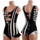 Split Color Suspender Romper with Hip Ruffles and O - ring Crop Top - Coquetry Clothing