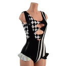 Split Color Suspender Romper with Hip Ruffles and O - ring Crop Top - Coquetry Clothing