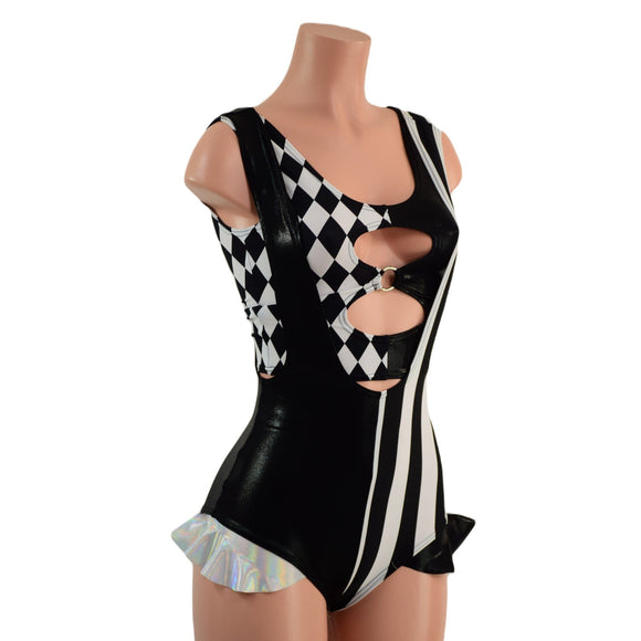 Split Color Suspender Romper with Hip Ruffles and O - ring Crop Top - Coquetry Clothing