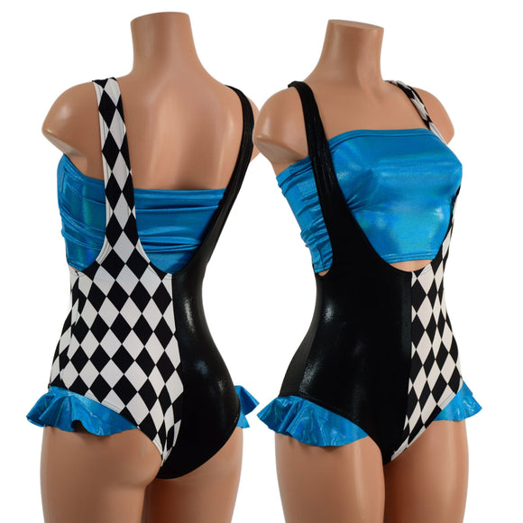 Split Color Suspender Romper with Hip Ruffles and Tube Top - Coquetry Clothing