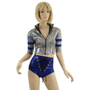 Sporty Silver and Blue Shorts and Top Set with Laceup, Stripes, and Zipper - Coquetry Clothing