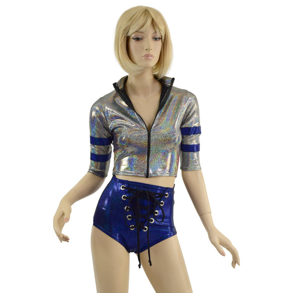 Sporty Silver and Blue Shorts and Top Set with Laceup, Stripes, and Zipper - Coquetry Clothing