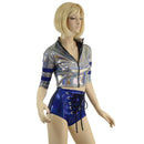 Sporty Silver and Blue Shorts and Top Set with Laceup, Stripes, and Zipper - Coquetry Clothing