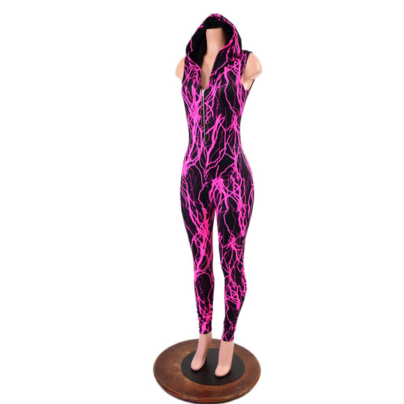 Neon Pink Lightning Zipper Front Catsuit