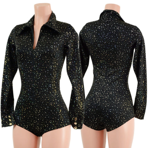 Star Noir Rodeo Romper with Snap Cuffs and Boy Cut Leg - Coquetry Clothing