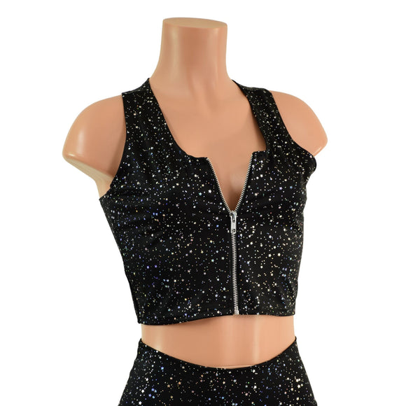 Star Noir Crop Top with Racerback and Separating Front Zipper - Coquetry Clothing