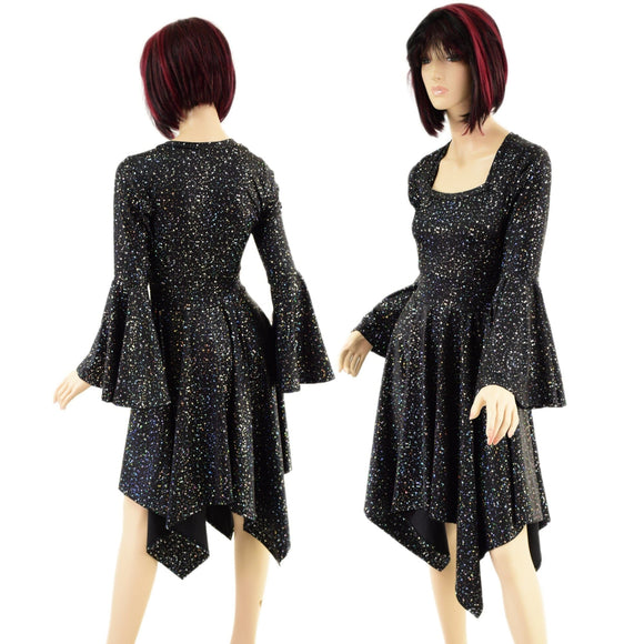Star Noir Handkerchief Dress with Trumpet Sleeves - Coquetry Clothing