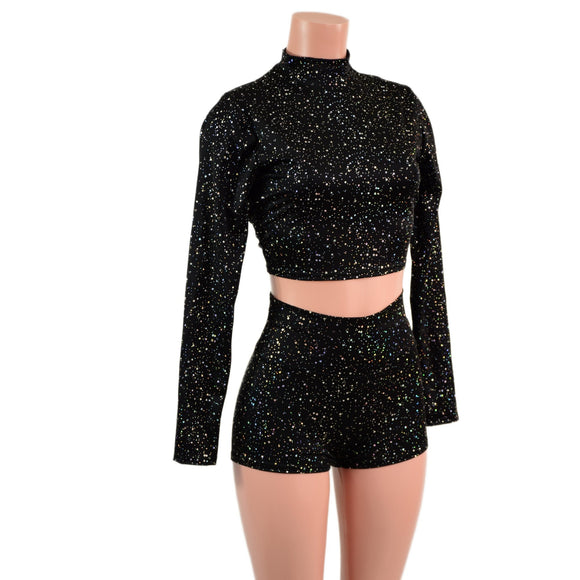 Star Noir High Waist Shorts and Long Sleeve Crop Top Set - Coquetry Clothing